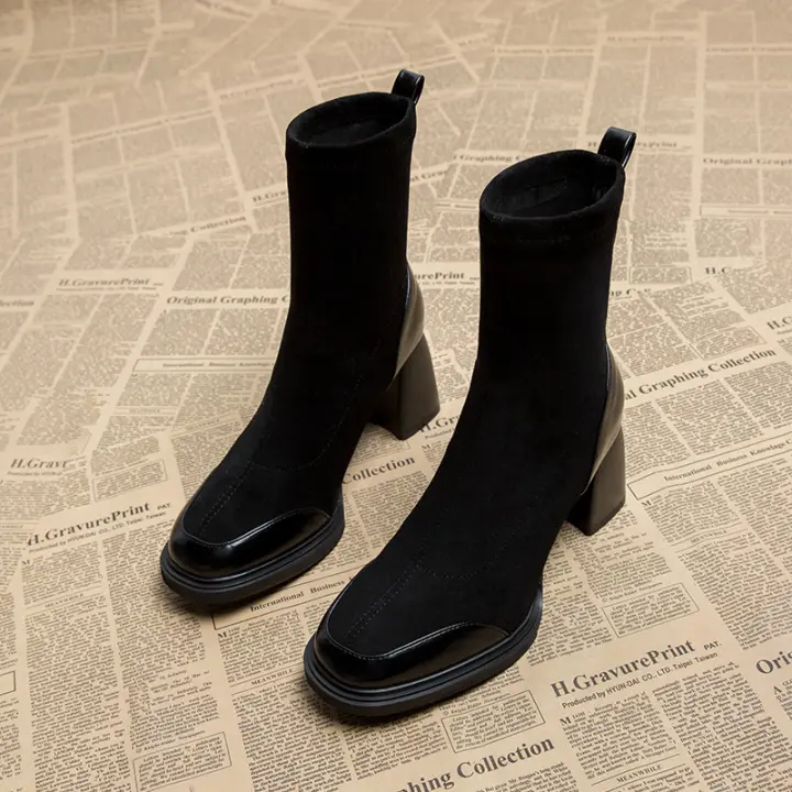 Botas de cuero ajustadas para mujer Botas cortas de gamuza con tacón alto y grueso - 1