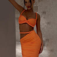 BUNO-Conjunto de 2 piezas de tejido para mujer, camisolas cortas plisadas lisas impresionantes + faldas largas de cintura alta, traje de vacaciones de tendencia femenina - details 4