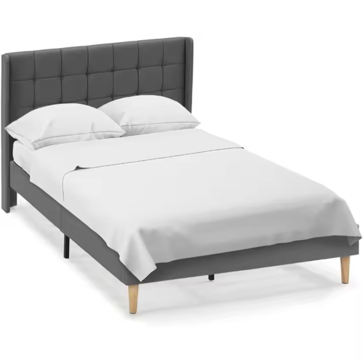 Estructura de cama tapizada con cabecera, base tapizada para colchón, somier de láminas de madera, fácil montaje, color gris claro. - 1