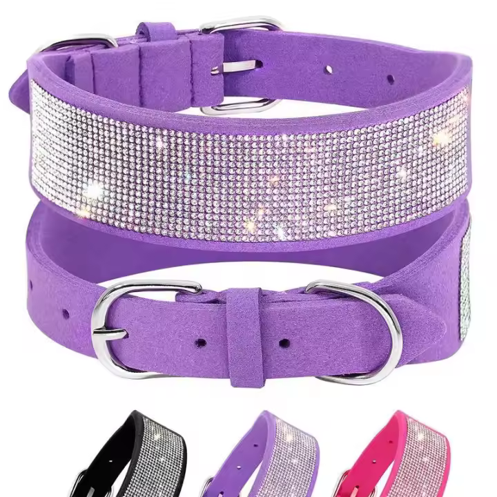 perro imitación suaves, Collar ancho cristal ostentoso mascotas, collares de gamuza con diamantes ustables para perros pequeños, - 1