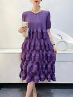 Miyake-vestido plisado para mujer, nuevo diseño de moda, Color sólido, holgado, talla grande, cintura alta, falda empalmada con pastel, primavera 2024 - details 6