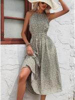 Vestido sin mangas con cintura hueca, estampado floral, elegante, cuello semialto - details 6