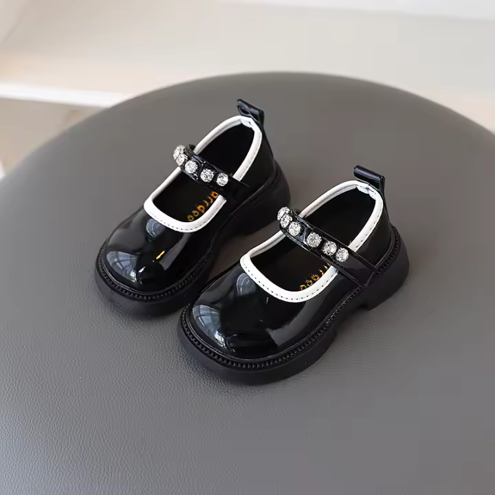 Nueva Moda Primavera Zapatos Individuales para Niñas Xiaoxiangfeng Suela Suave de Diamantes de Cristal Calzado Infantil de Cuero - 1