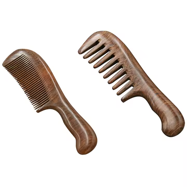 Peine de dientes anchos de sándalo para cabello rizado, herramienta de masaje de pelo, fino y grueso, portátil, 2 piezas - 1