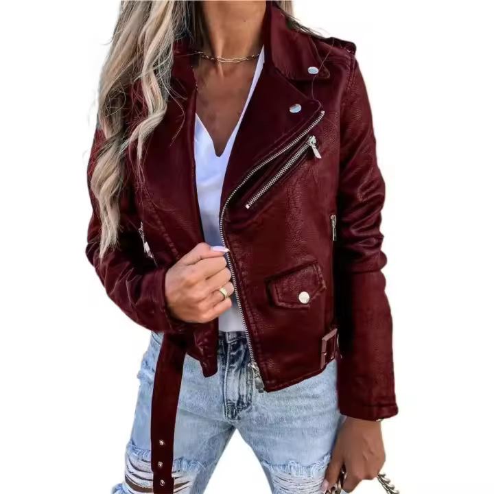 Chaqueta de mujer con cremallera de piel sintética solapa de manga larga Color sólido mantener caliente High Street Casual Individual otoño Biker Coat - 1