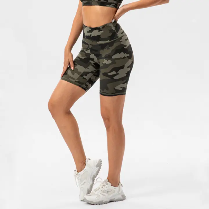 SHINBENE Pantalones Cortos de Deportista de Nylon Impresión Camo Cintura Alta Sin Costuras - 1