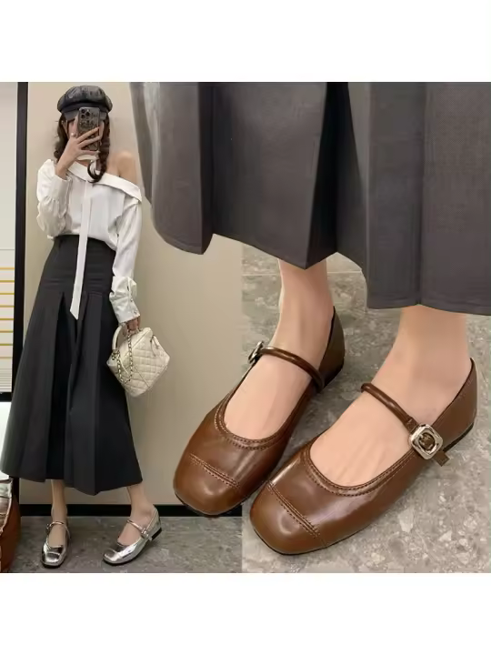Falda francesa plata cabeza redonda Mary Jane zapatos de las mujeres de la primavera nueva noche de fondo plano de una palabra solo zapatos - 1