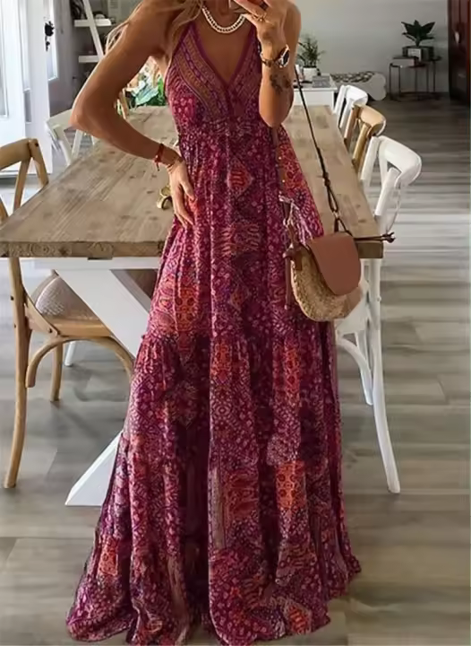 Vestido ral estampado con cuello en V y cintura alta, largo, con tirantes, estilo bohemio, para mujer - 1