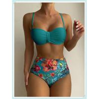 Conjunto de bikini bandeau liso, estampado tropical sexy, traje de baño mejorado para mujer, traje de baño de cintura alta con encaje en la espalda, ropa de playa - details 20