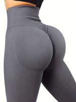 Pantalones de yoga para mujer, cintura alta color melocotón, abdomen levantado, glúteos, color sólido, moldeados, ajuste ajustado sin costuras - details 1