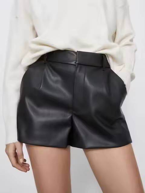 Pantalones cortos Vintage para mujer, Shorts de cuero PU, cintura alta, drapeados indefinidos, ropa de oficina, 2024 - 1