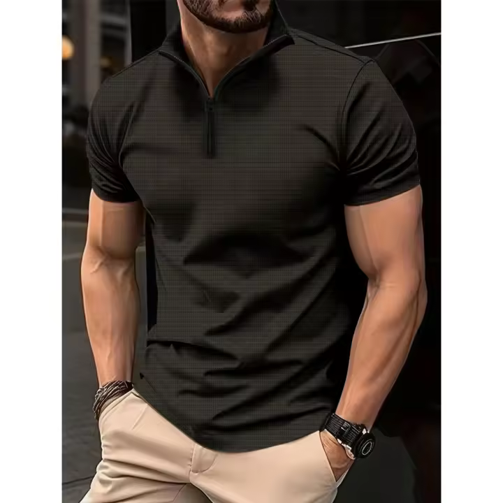 Camisa POLO de verano para hombre, camiseta de manga corta con cuello y cremallera, camiseta deportiva informal de Color sólido con cuello levantado, camiseta de tendencia - 1