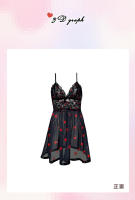 Camisón de encaje transparente negro con estampado de corazones Camisón con tirantes de malla en V profundo Ropa de dormir sexy - details 8