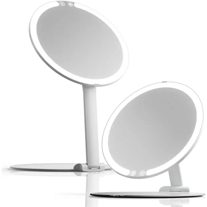 Fancii Abigail Espejo de maquillaje recargable con luz LED, soporte plegable de 8", espejo con iluminación de 3 colores. Regulable y liviano - 1