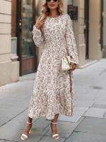 Elegante Vestido Maxi Floral Casual Cuello Redondo con Volantes Manga Larga - details 7