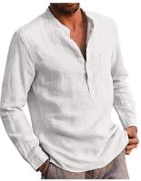 Camisa informal de lino para hombre, camisa de manga larga con cuello en V, ropa de playa, 2024 - details 5