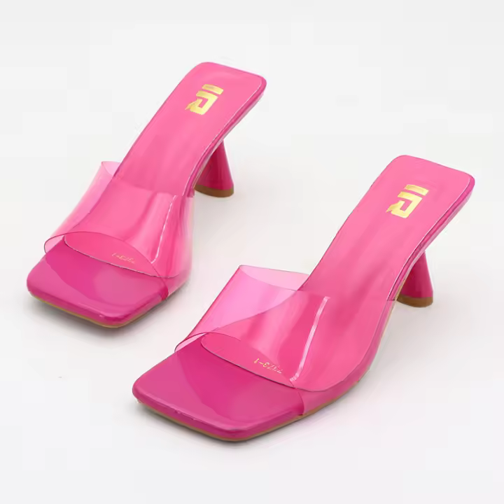 Sandalias de gran tamaño de color sólido, versátiles, estilo coreano, con tiras transparentes, punta cuadrada y tacones altos. - 1