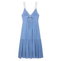 Vestido de Verano de Denim Largo con Correas Decoradas Vestido Suelto, Sin Espalda, Dulce y Fresco para Mujeres - details 2