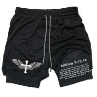 Pantalón corto deportivo de compresión 2 en 1 para hombre con estampado bíblico para gimnasio, entrenamiento y correr - details 2