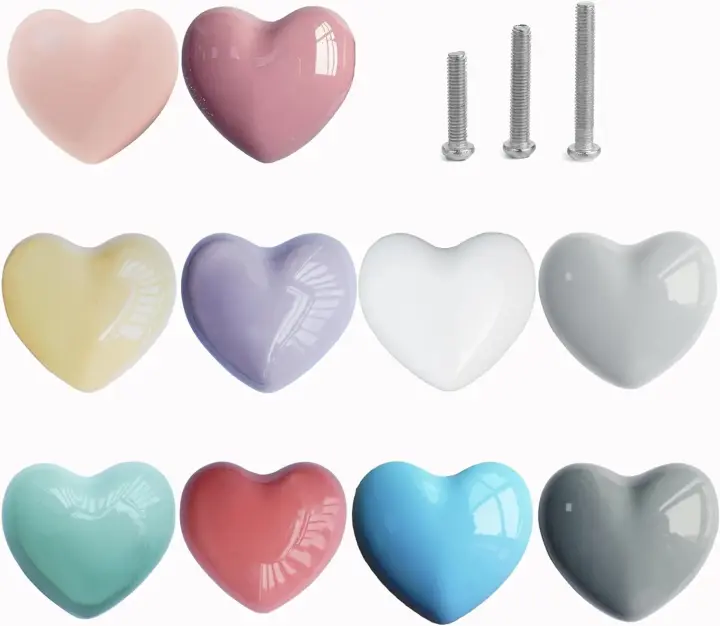 Perillas de cajón de cerámica con forma de corazón, tiradores de tocador de armario de corazón colorido con tornillos de 3 tamaños, perillas de muebles de cocina - 1