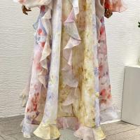 Vestidos largos sin espalda con hombros descubiertos y volantes de manga larga con estampado ral multicolor en stock 2025 Nuevo - details 4
