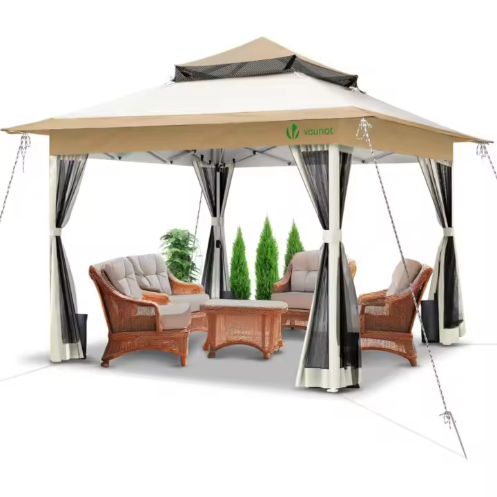 Carpa Plegable Gazebo 3.6x3.6m con Laterales de Malla Cenador Pabellón Pop Up de Jardín Techo Doble y Bolsas de Arena Protección UV Para Acampar, Fiestas, Exteriores Beige - 1