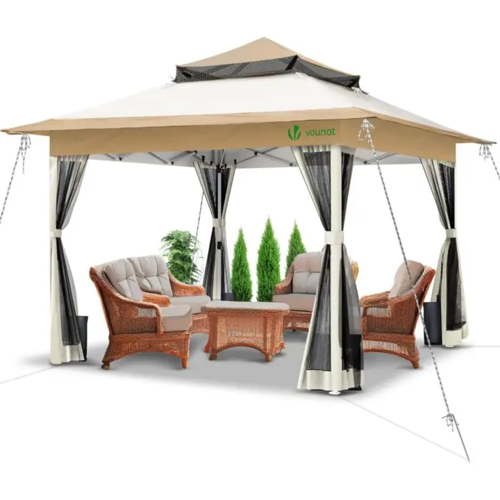 Carpa Plegable Gazebo 3.6x3.6m con Laterales de Malla Cenador Pabellón Pop Up de Jardín Techo Doble y Bolsas de Arena Protección UV Para Acampar, Fiestas, Exteriores Beige - 1