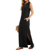 Vestido largo sin mangas para mujer, estilo camisa casual de verano, elegante, clásico, con abertura y bolsillos. - details 1