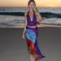 BUNO-Conjunto de 2 piezas de retazos de malla de gato extraño para mujer, Tops cortos con cuello Halter y faldas coloridas, trajes de fiesta en la playa a la moda para vacaciones - details 5