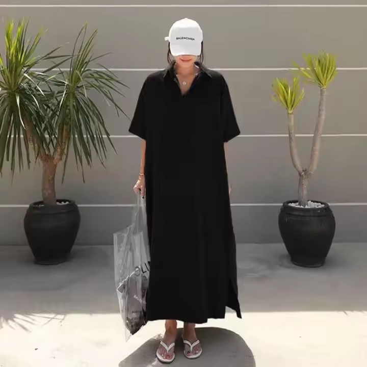 Novedad de verano, camiseta de Color liso con cuello vuelto, vestido largo informal holgado de manga corta con botones para mujer, bata de estilo coreano para mujer - 1