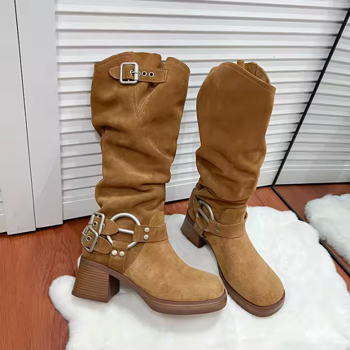 Botas con hebilla de cinturón Botas de vaquero de tacón alto de tacón grueso para mujer Botas de caballero esmeriladas - 1
