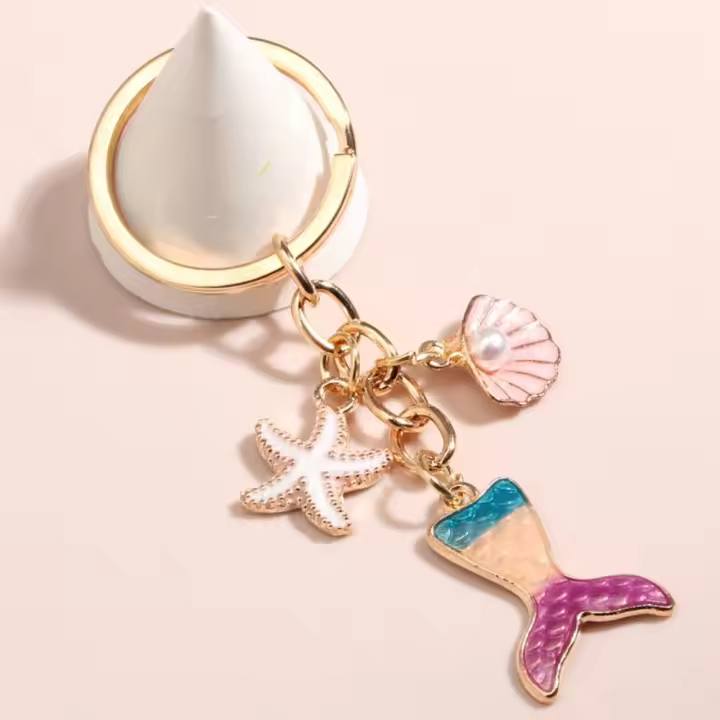 Llavero con forma de estrella de mar, concha, corazón, concha, bola de cristal, llavero con cola de sirena, estilo playero, cola de sirena - 1