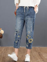 Pantalones de mezclilla grande con estampado floral para mujer moda verano 2023 pantalones casuales bordados elásticos vintage de talla grande lavado a mano material exterior denim - details 3