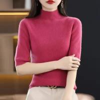 Suéter de mujer, jerséis de punto para primavera y verano, camisas ajustadas con cuello alto, jerséis de punto suaves de manga corta - details 4