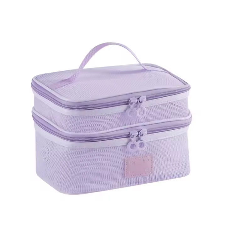 Bolsa de maquillaje de mano de malla portátil informal, bolsa de aseo de almacenamiento con cremallera ligera, estuches de cosméticos cuadrados de gran capacidad para exteriores - 1
