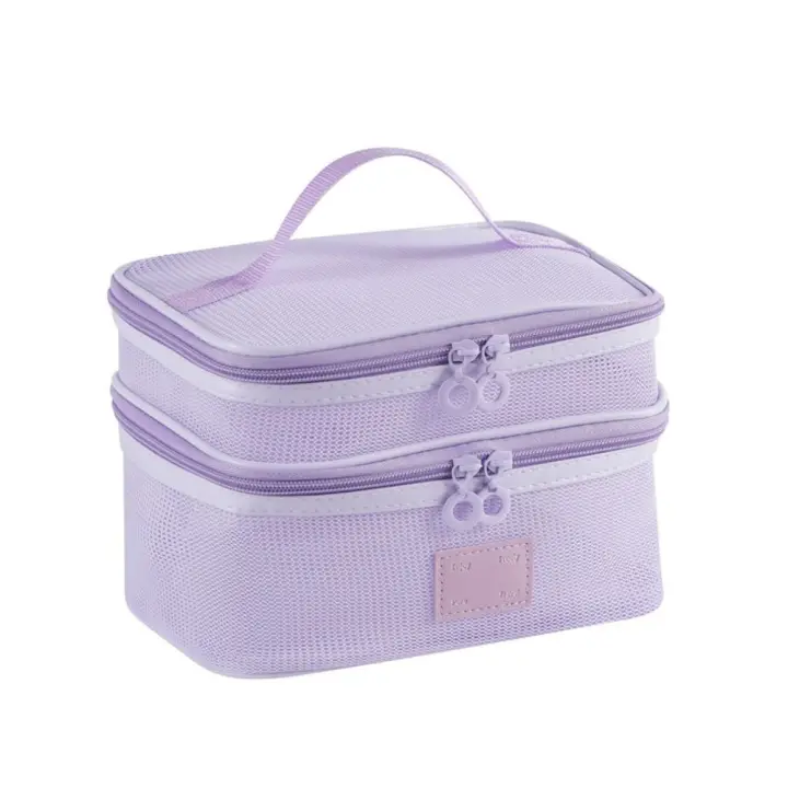 Bolsa de maquillaje de mano de malla portátil informal, bolsa de aseo de almacenamiento con cremallera ligera, estuches de cosméticos cuadrados de gran capacidad para exteriores - 1
