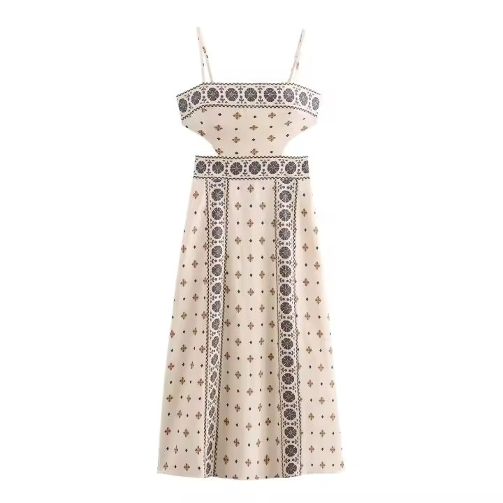 Vestido retro largo sin mangas con estampado para mujer, espalda descubierta, decoración, a la moda para el verano de 2024 - 1