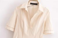 Elegante Vestido Plisado a Rayas para Mujer Minivestido de Manga Corta Beige Moda de Verano y Otoño - details 3