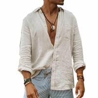 Camisas informales de lino y algodón para hombre, camisas holgadas de manga larga con cuello levantado, color sólido, primavera y otoño - details 2