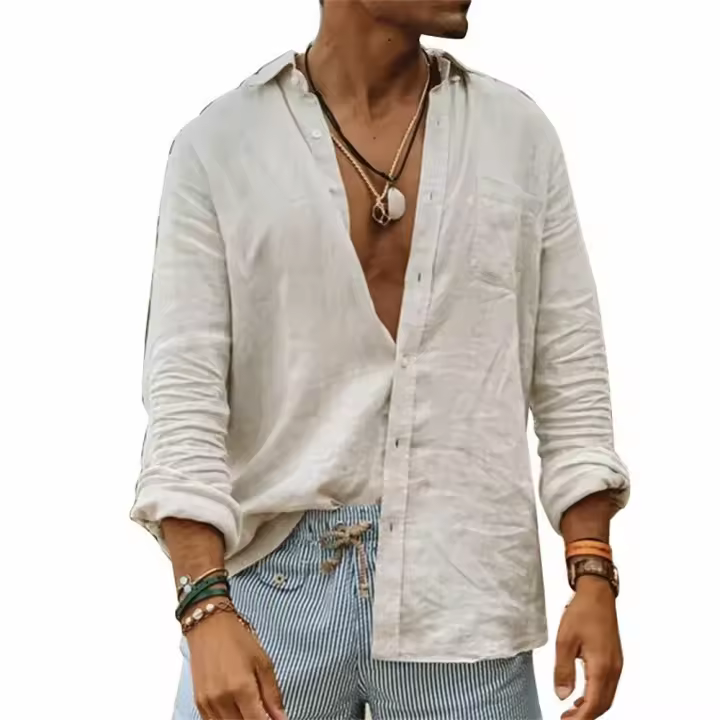 Camisas informales de lino y algodón para hombre, camisas holgadas de manga larga con cuello levantado, color sólido, primavera y otoño - 1