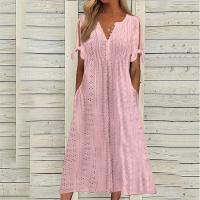 Elegante Vestido de Manga Corta con Cuello Redondo Color Sólido, Moda Casual con Bolsillos y Botones - details 23