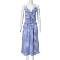 2025 Vestido de traje de las mujeres del verano, escote sin espalda vestido de tirantes, sin mangas, a cuadros - details 6