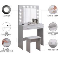 Tocador Mesa de Maquillaje con Hollywood LED Espejo, 2 Cajones Grandes y Taburete, 80x40x140cm (Gris) - details 1