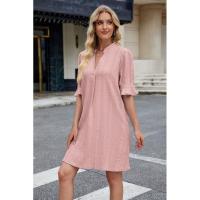 BUNO-2025 suelto con cuello en V y manga cinco cuartos jacquard de color liso para mujer - details 15