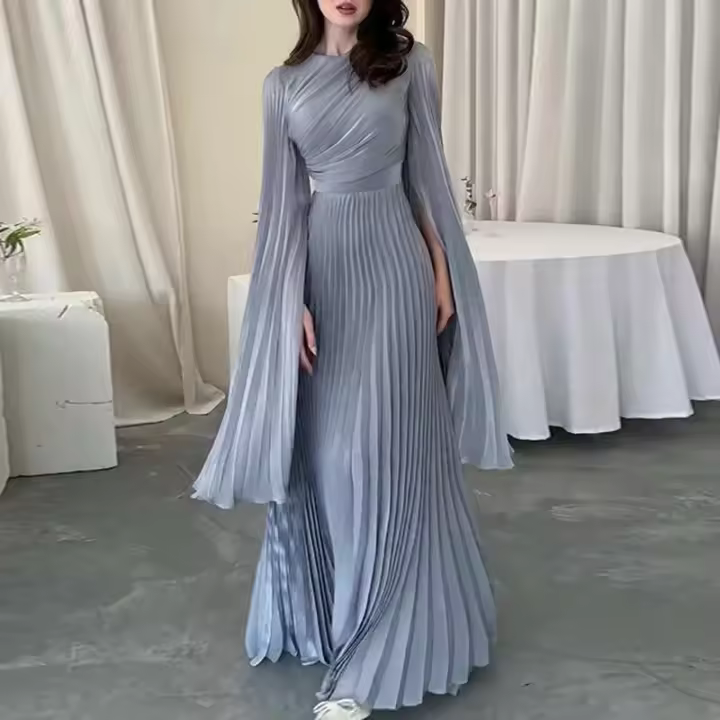 Vestido plisado elegante de Color sólido para mujer, vestido de noche ajustado de cintura alta a la moda, vestido de fiesta de manga larga con cuello redondo para otoño 2024 - 1