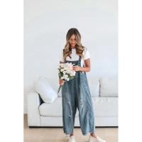 Moda desgastada suelta de pierna ancha cómoda correa casual Denim Overalls para mujer - details 5
