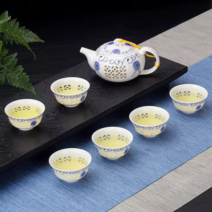 Linglong-Juego completo de tazas de cerámica para el hogar, cuenco, olla, panal, porcelana azul y blanca, cervecería de té - 1