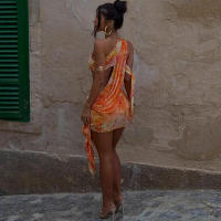 Viento 2025 Primavera/novedad de verano moda mujer Sexy hombro inclinado ahueca hacia fuera el Color contrastante impreso hacia afuera mochila vestido a la cadera - details 6