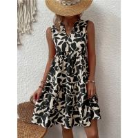 Mini vestido con estampado de señoras, vestido sin mangas elegante con borde de volantes con cuello en V, vestido sin mangas suelto informal de fiesta en la playa de gran tamaño - details 5