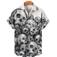 Camiseta Casual de Hip-Hop para Hombres Manga Corta, Estampado de Calavera, Talla Grande, Ropa Casual Hawaiiana, Botones de Escote, Moda Callejera Vintage - details 7
